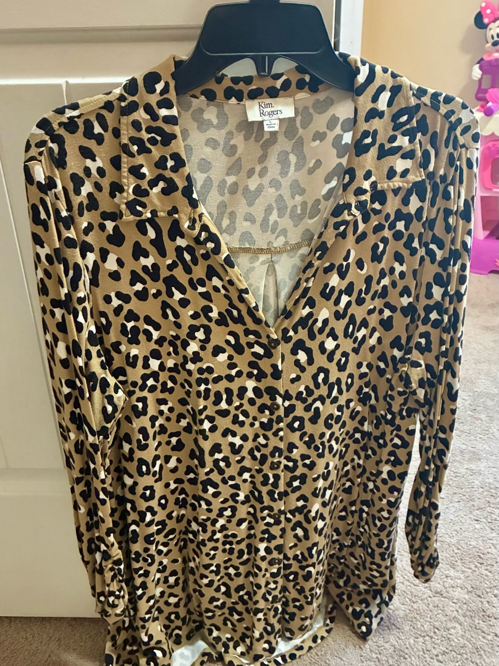 Kim Rogers Leopard-Print Long Sleeve V-Neck Tunic in Tan and Black